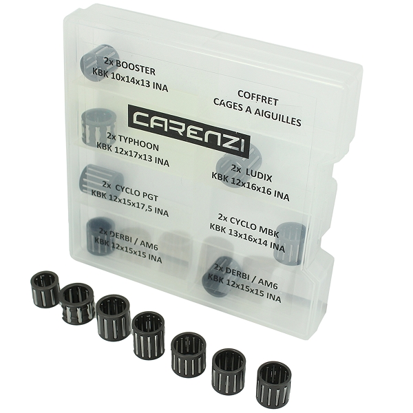 CAGE A AIGUILLES PISTON INA CARENZI ADAPT. CYCLO / SCOOTER / MOTO - COFFRET ASSORTIMENT 2 PAR MODELES - (14 PIECES)