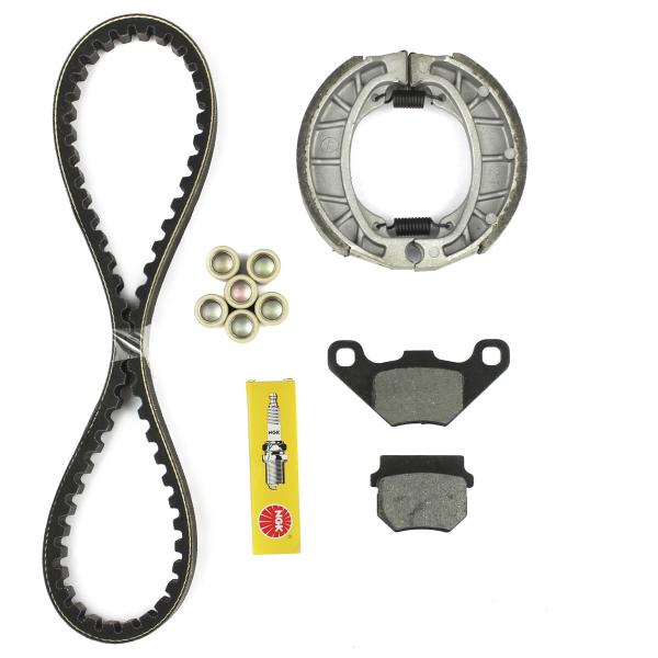 KIT REVISION ORIGINE COMPLET ROMA / BOSTON 4T 10 POUCES / LAZIO RENO GY6 50cc (COURROIE / PLAQUETTE / GALETS / BOUGIE)