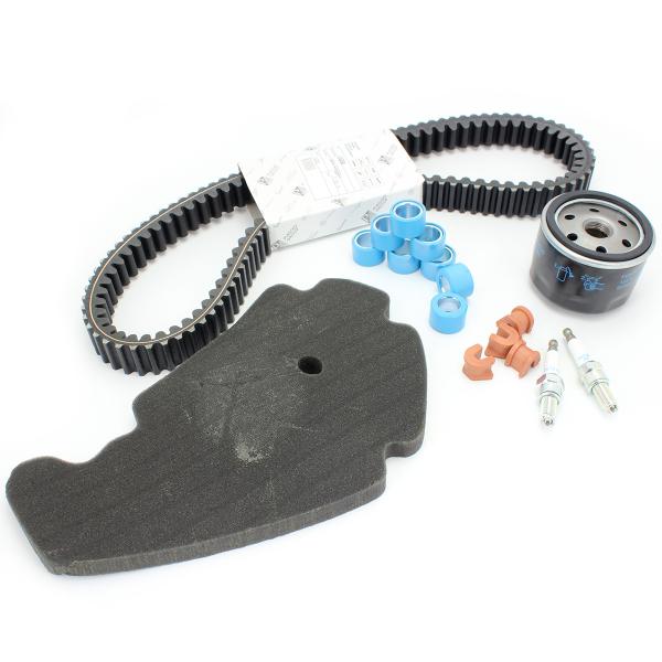 KIT ENTRETIEN ORIGINE ADAPT. PIAGGIO 500 BEVERLY 2005>. 500 X10 2012> / GILERA 500 FUOCO 2007>  (COURROIE / GALETS / FILTRE A AIR / FILTRE A HUILE / GUIDES / BOUGIE ) (OEM : 1R000402)