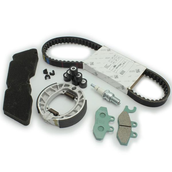 KIT ENTRETIEN ORIGINE COMPLET ADAPT. VESPA PRIMAVERA 50 2T 2013-2017 ( COURROIE / PLAQUETTES / MACHOIRE DE FREIN / FILTRE A AIR / GALETS / GUIDE / BOUGIE) (OEM : 1R000380)
