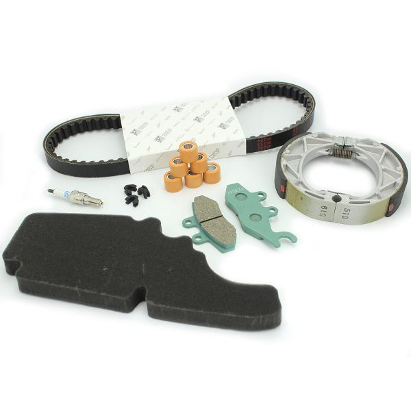 KIT ENTRETIEN ORIGINE COMPLET ADAPT. VESPA PRIMAVERA  / SPRINT 50cc 4 TEMPS 2013-2017 (COURROIE / PLAQUETTES / MACHOIRES DE FREIN / FILTRE A AIR / GALETS / GUIDE / BOUGIE) (OEM : 1R000387)