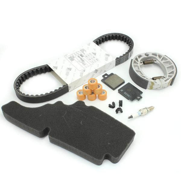 KIT ENTRETIEN ORIGINE COMPLET ADAPT. VESPA LX 50 2008-2013 (COURROIE / PLAQUETTES / MACHOIRES DE FREIN / FILTRE A AIR/ GALETS / TASSELLI/ BOUGIE) (OEM : 1R000348)