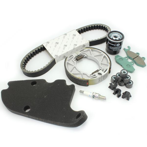 KIT ENTRETIEN ORIGINE COMPLET ADAPT. PIAGGIO 125 VESPA PRIMAVERA IGET 2013-2016 (COURROIE / PLAQUETTES / MACHOIRES DE FREIN  / FILTRE A AIR/ FILTRE A HUILE  / GALETS / GUIDE / BOUGIE) (OEM : 1R000388)