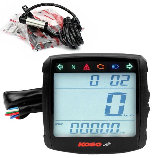 COMPTEUR DIGITAL MULTI FONCTIONS KOSO XR01 (TOTALISATEUR KILOMETRIQUE/ TOTALISATEUR HEURES/ JAUGE ESSENCE/ HORLOGE/ VOLMETRE/ ALERTE VOLTAGE)