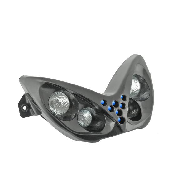 DOUBLE OPTIQUE TNT 4 LAMPES HALOGENE + LEDS BLEU ADAPT.MBK NITRO / YAMAHA AEROX NOIR  *
