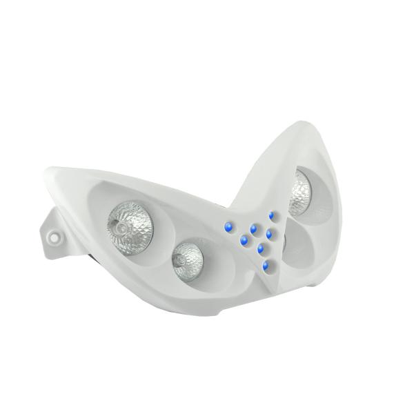 DOUBLE OPTIQUE TNT 4 LAMPES HALOGENE + LEDS BLEU ADAPT. MBK NITRO / YAMAHA AEROX BLANC *