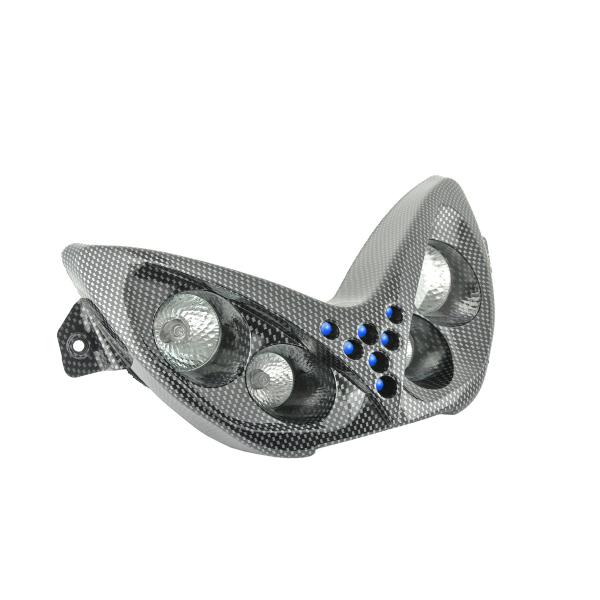 DOUBLE OPTIQUE TNT 4 LAMPES HALOGENE + LEDS BLEU ADAPT. MBK NITRO / YAMAHA AEROX IMIT CARBONE *