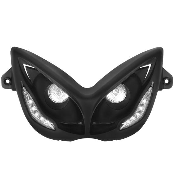 DOUBLE OPTIQUE TNT 2 LAMPES HALOGENE + LEDS BLANCHE EYELIGHT ADAPT. MBK NITRO / YAMAHA AEROX NOIR  *