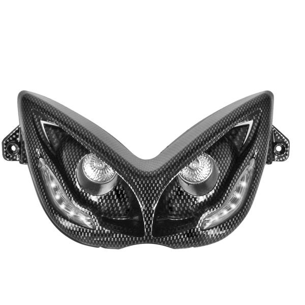 DOUBLE OPTIQUE TNT 2 LAMPES HALOGENE + LEDS BLANCHE EYELIGHT ADAPT. MBK NITRO / YAMAHA AEROX IMITATION CARBONE  *