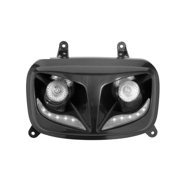 DOUBLE OPTIQUE TNT 2 LAMPES HALOGENE + LEDS BLANCHE EYELIGHT ADAPT. MBK BOOSTER 2004-2017 / YAMAHA BWS 2004-2017 NOIR *
