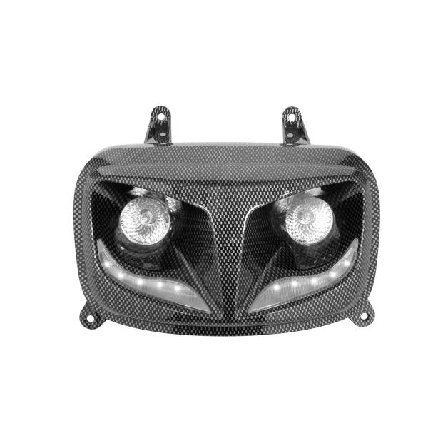 DOUBLE OPTIQUE TNT 2 LAMPES HALOGENE + LEDS BLANCHE EYELIGHT ADAPT. MBK BOOSTER 2004-2017 / YAMAHA BWS 2004-2017  IMITATION CARBONE *