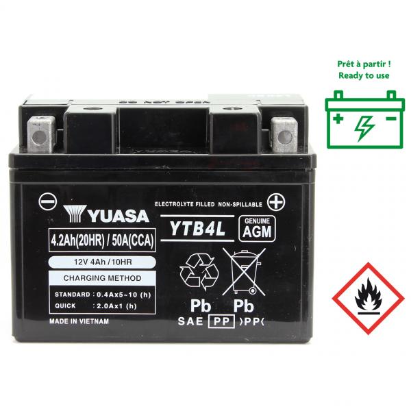 BATTERIE YUASA YTB4L 12V 4 AH (  REMPLACE LA YTX4L-BS ) - AGM ACTIVE USINE