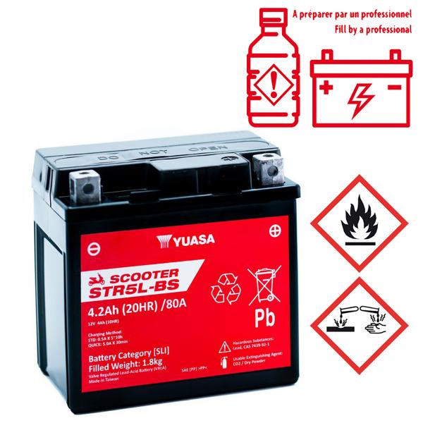 BATTERIE YUASA STR5L-BS 12V-4.2Ah MF SANS ENTRETIEN LIVREE AVEC PACK ACIDE (EQUIVALENT YTX5L-BS )