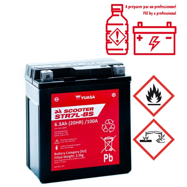 BATTERIE YUASA STR7L-BS 12V-6.3Ah  MF SANS ENTRETIEN LIVREE AVEC PACK ACIDE  (EQUIVALENT YTX7L-BS )