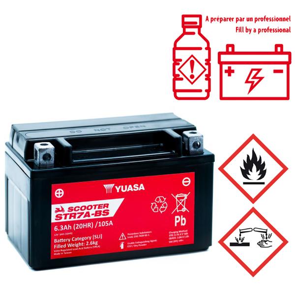 BATTERIE YUASA STR7A-BS 12V-6A MF SANS ENTRETIEN LIVREE AVEC PACK ACIDE (EQUIVALENT YTX7A-BS )
