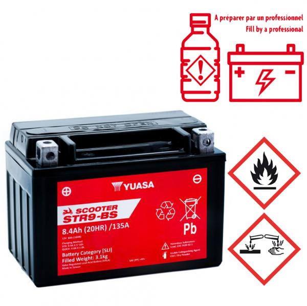 BATTERIE YUASA STR9-BS 12V-8.4Ah MF SANS ENTRETIEN LIVREE AVEC PACK ACIDE (EQUIVALENT YTX9-BS )