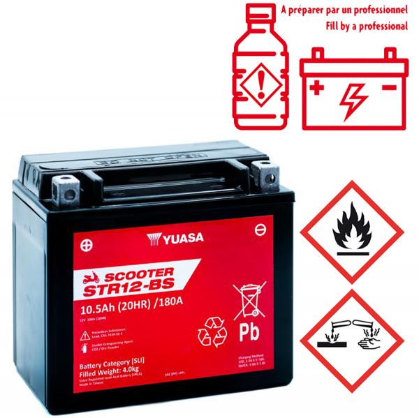 BATTERIE YUASA STR12-BS 12V-10.5Ah MF SANS ENTRETIEN LIVREE AVEC PACK ACIDE ( PIAGGIO 125 BEVERLY. LIBERTY. X7. X9. X-EVO. 300 BEVERLY. X7 / APRILIA 300 SR-MAX. 400-500 ATLANTIC. 1000 RSV. TUONO. 750