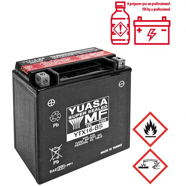 BATTERIE YUASA YTX16-BS 12V-14A MF SANS ENTRETIEN LIVREE AVEC PACK ACIDE ( PIAGGIO 400 MP3 2007> / 500 MP3 2010> / 500 X9 EVOLUTION 2003>/GILERA 500 FUOCO 2007>. 800 GP 2007> )