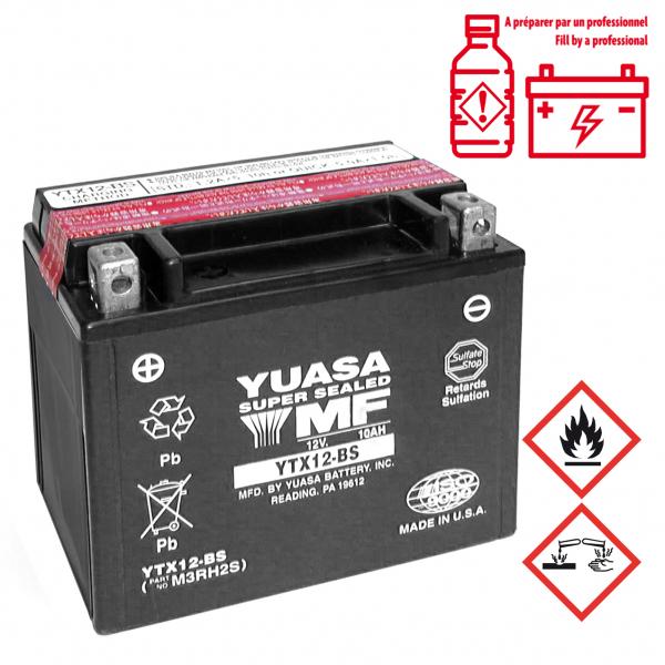 BATTERIE YUASA YTX12-BS 12V-10.5Ah MF SANS ENTRETIEN LIVREE AVEC PACK ACIDE ( PIAGGIO 125 BEVERLY. LIBERTY. X7. X9. X-EVO. 300 BEVERLY. X7 / APRILIA 300 SR-MAX. 400-500 ATLANTIC. 1000 RSV. TUONO. 750
