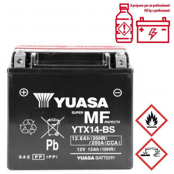 BATTERIE YUASA YTX14-BS 12V12.6 Ah MF SANS ENTRETIEN LIVREE AVEC PACK ACIDE ( PIAGGIO 125-250-300-400-500 MP3 / 250-400 X-EVO / GILERA 125-250-300 NEXUS / 800 GP / APRILIA 125 SR-MAX / 750-1200 DORSOD