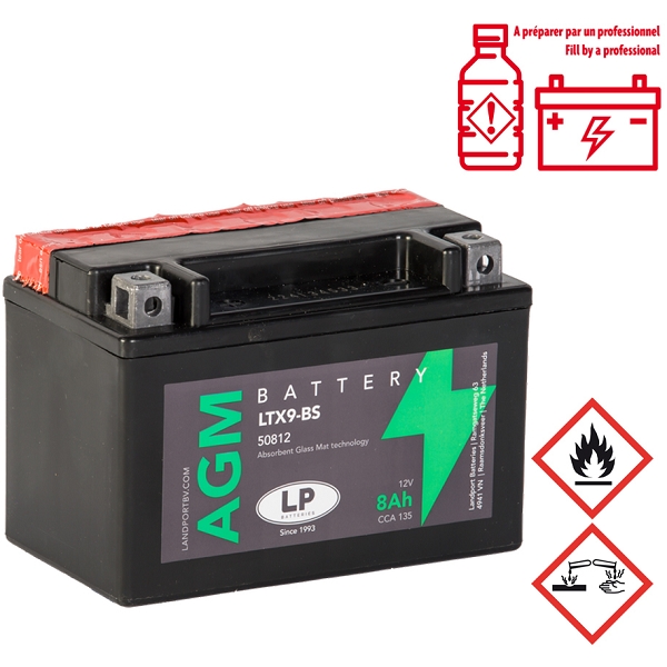 BATTERIE LANDPORT LTX9-BS 12V 8A SANS ENTRETIEN AGM ADAPT. (YAMAHA XMAX 125cc/250cc/LONGJIA EASYMAX 125cc) (EQUIVALENT YTX9-BS)
