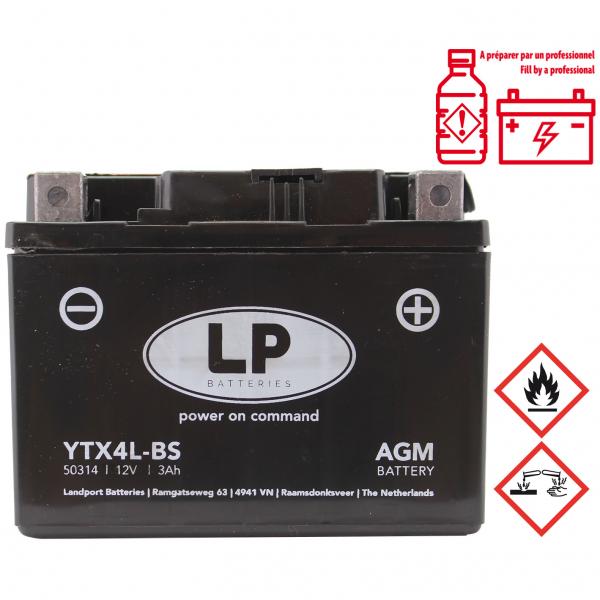 BATTERIE LANDPORT LTX4L-BS 12V-3Ah SANS ENTRETIEN AGM ADAPT. (TNT MOTOR CITY 50cc / 125cc / SYM / YAMAHA / PIAGGIO 50cc / ARCHIVE FIRST) (EQUIVALENT YTX4L-BS)