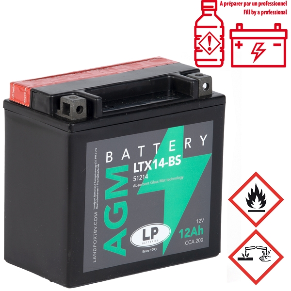 BATTERIE LANDPORT LTX14-BS 12V 12Ah  SANS ENTRETIEN AGM ADAPT. (PIAGGIO MP3 400-500cc / VESPA GTS 300CC) (EQUIVALENT YTX14-BS)