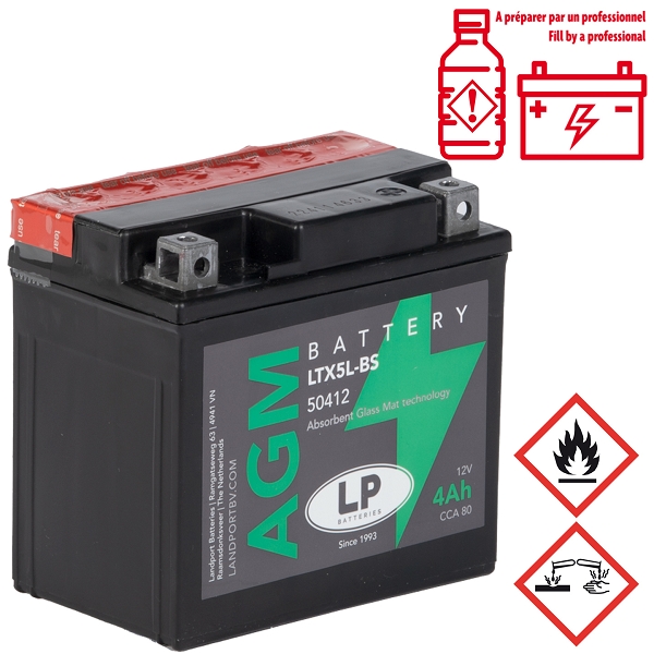 BATTERIE LANDPORT LTX5L-BS 12V 4Ah SANS ENTRETIEN AGM ADAPT. (SCARABEO/VIVACITY/DERBI DRD PRO/KYMCO AGILITY/QUAD SPIDER 110cc) ( EQUIVALENT YTX5L-BS )