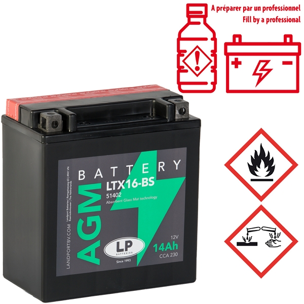 BATTERIE LANDPORT LTX16-BS 12V-14A MF SANS ENTRETIEN LIVREE AVEC PACK ACIDE ADAPT. (PIAGGIO 400 MP3 2007> / 500 MP3 2010> / 500 X9 EVOLUTION 2003> / GILERA 500 FUOCO 2007> / 800 GP 2007>)