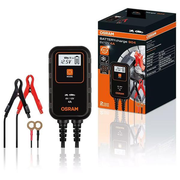 CHARGEUR ET MAINTIEN DE BATTERIE OSRAM BATTERY CHARGE 904  AUTOMATIQUE 6/12V (CONVIENT POUR TOUTES BATTERIES AU PLOMB CONVENTIONNELLES. SANS ENTRETIEN. LITHIUM. AGM ET GEL JUSQU'A 90Ah)
