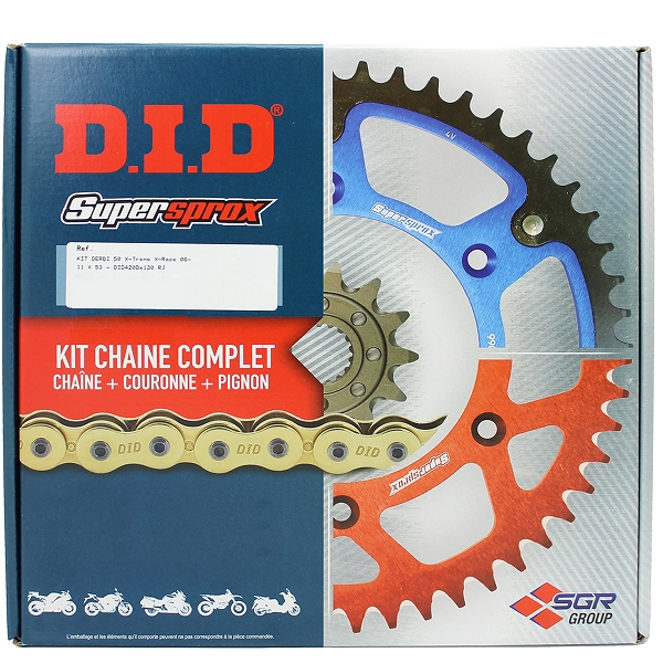 KIT CHAINE MOTO DID ADAPT. DERBI 50 X-TREME X-RACE 06- CHAINE DID 420D (B&B) X 130 MAILLONS RJ 11X53 ACIER