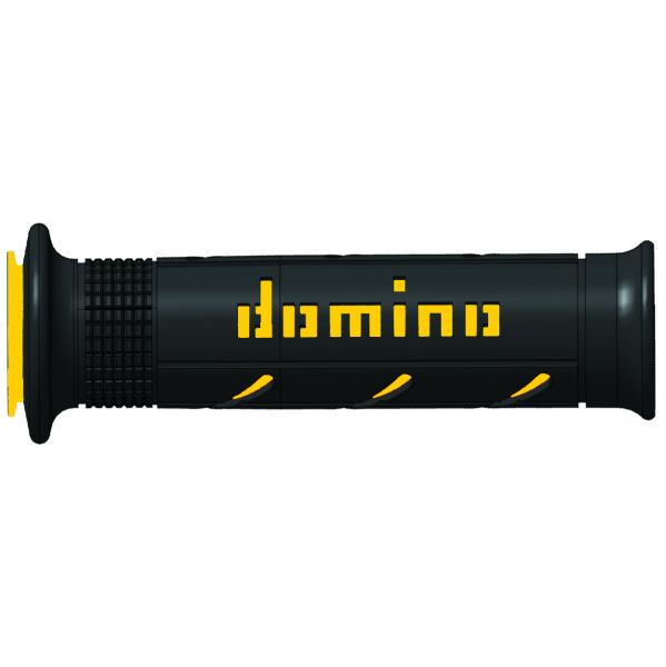 REVETEMENT POIGNEE DOMINO ROAD BI-COMPOSANTS NOIR / JAUNE A250 OPEN END 120-125mm (LA PAIRE)