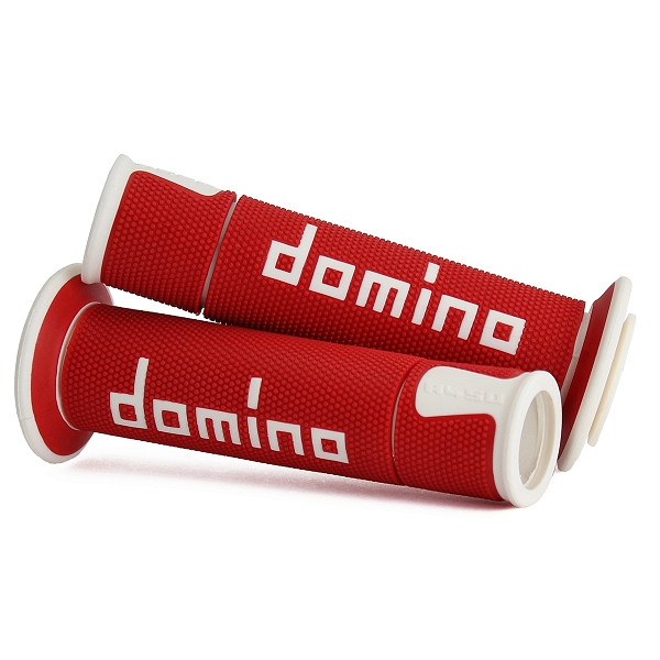 REVETEMENT POIGNEE DOMINO MOTO ON ROAD A450 ROUGE / BLANC OPEN END 120-125mm (LA PAIRE)