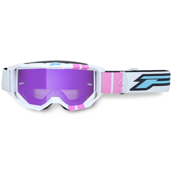 MASQUE / LUNETTES CROSS MOTO PROGRIP 3300 FL VISION GO MULTILAYERED BLANC/ROSE ECRAN MIROIR VIOLET ANTI-RAYURES/ANTI U.V./ANTI-BUEE (HOMOLOGUE CE-EN-N- AC-96025 REV.2)