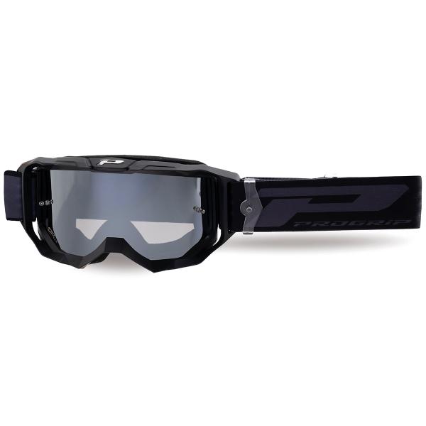 MASQUE / LUNETTES CROSS MOTO PROGRIP 3300 FL VISION GO MULTILAYERED NOIR MAT ECRAN MIROIR GRIS ANTI-RAYURES/ANTI U.V./ANTI-BUEE (HOMOLOGUE CE-EN-N- AC-96025 REV.2)