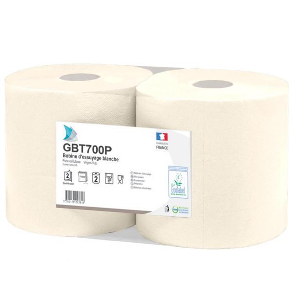 BOBINE PAPIER ESSUIE-MAIN BLANC 2 PLIS GAUFRES / COLLES  ( 20 X 25CM / 1000 FEUILLES ROULEAU )   ( LOT DE 2)