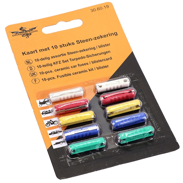 ASSORTIMENT 10 FUSIBLES RONDS TYPE PIAGGIO  2 X 8A. 2X 20A. 2X 16A. 2X 25A. 2X 30A
