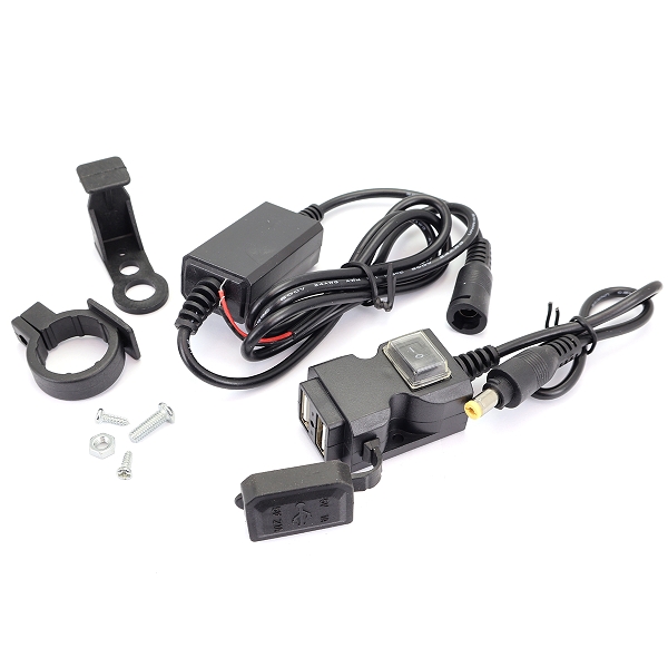 PRISE CHARGEUR DOUBLE USB UNIVERSEL SCOOTER / MOTO avec interrupteur (5V-2.1A-5V-1A) (FIXATION GUIDON OU RETROVISEUR)