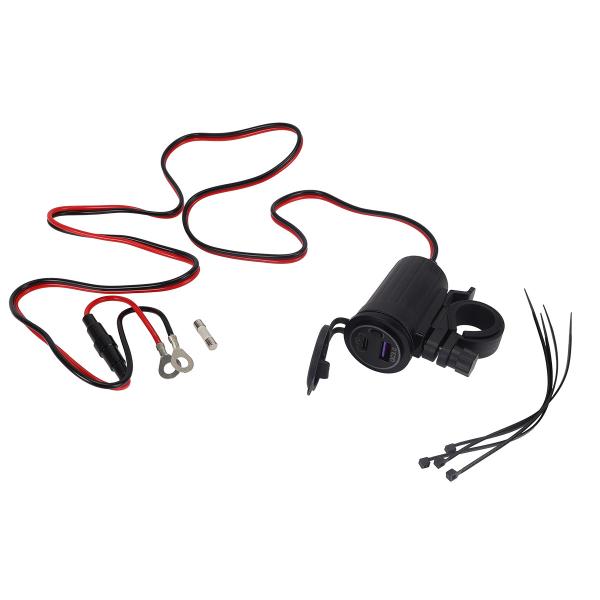 PRISE CHARGEUR DOUBLE USB B + USB C  UNIVERSEL MOTO (DC 12-24V. USB: 5V-3.4A. 9V-2A. 12v-1.5A. TYPE C: 5V-3A. 9V-3A. 12V-2.5A) (FIXATION GUIDON)