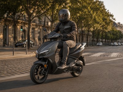 Scooter urbain 12 pouces en circulation sur un boulevard européen avec sections pavées, conducteur équipé, conduite fluide et stable.