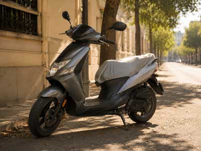 Scooter stationné à l'ombre housse protection soleil chaleur été