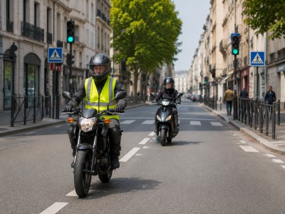 Circulation réelle en ville: élève en 50cc suit le moniteur équipé d’un gilet, respect des distances et des priorités.