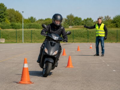 Exercices sur plateau: slalom et freinage d’urgence en scooter 50cc, cônes et encadrement du moniteur.