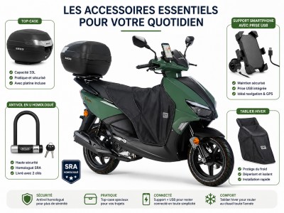 Accessoires essentiels pour le quotidien: antivol en U homologué, top-case, tablier hiver, support smartphone avec prise USB