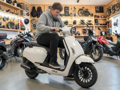 Essai statique: grand gabarit testant hauteur de selle et dégagement des genoux sur un scooter 50cc au look rétro