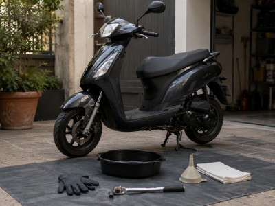 Préparation de la vidange d’un scooter 50cc 4T: scooter sur béquille centrale, sol protégé, bac de récupération et outils prêts