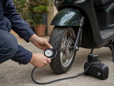 Vérification de la pression des pneus d'un scooter électrique 50cc avec manomètre pour réduire la résistance au roulement.