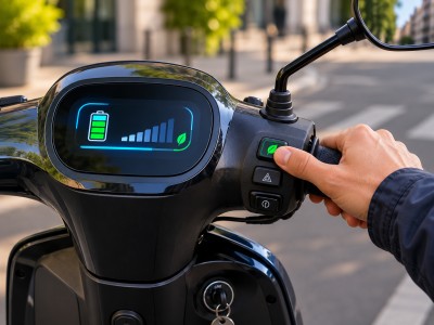 Sélection du mode Eco et contrôle de l'autonomie sur le tableau de bord d'un scooter électrique 50cc, sans texte lisible.