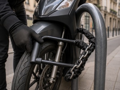 Mains arrimant un scooter à un arceau fixe avec un U SRA et une chaîne, antivol serré en hauteur sans toucher le sol