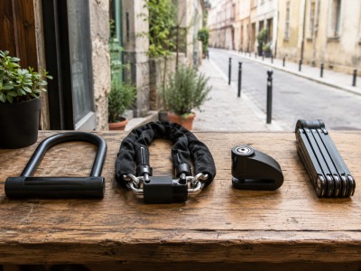 Comparaison visuelle d’un antivol en U, d’une chaîne gainée, d’un bloque-disque et d’un câble pliable pour scooter